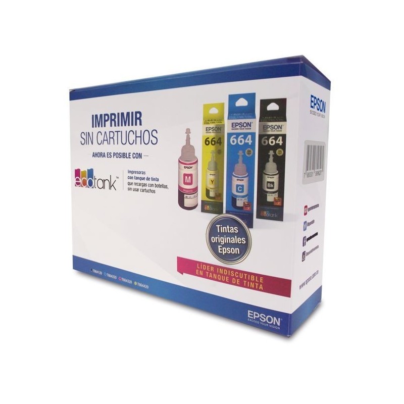 Kit Botella De Tinta Epson 664 Negra Cyan Magenta Amarilla + Papel Glossy 20 Hojas