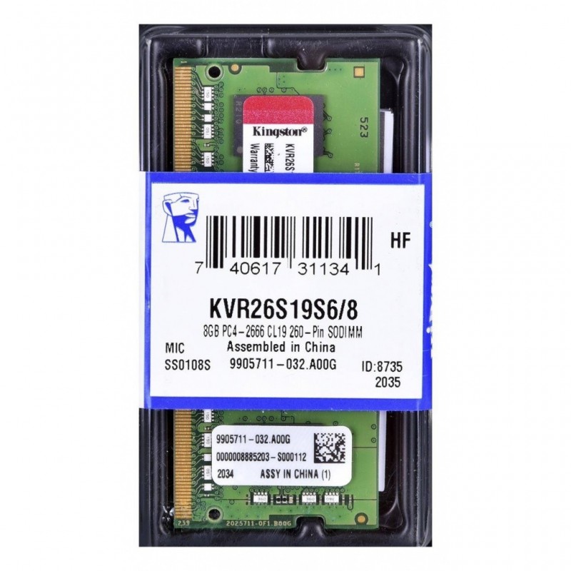 Memoria Para Portatil Kingston 8GB DDR4 2666Mhz KVR26S19S6/8