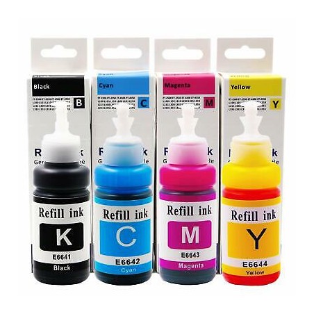 Kit 4 Botellas Tinta Epson 664 Negra Cyan Magenta Yellow L200 L210 L350 L555. N/P: T664520-4P