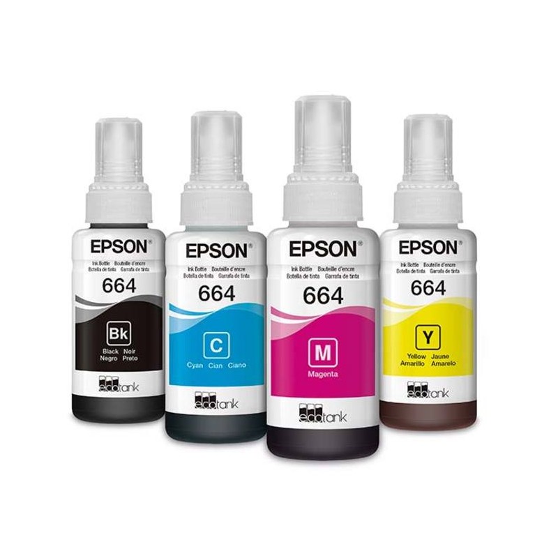 Botella De Tinta Epson 664 Negro Cyan Magenta Yellow T664520-4P 7.500 Paginas L200 L210 L350 L355 L555