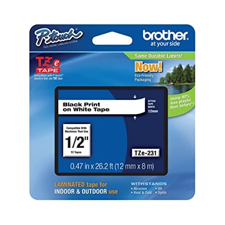 Cinta Brother TZe-231 P-touch 12mm x 8m Laminada Negro Fondo Blanco