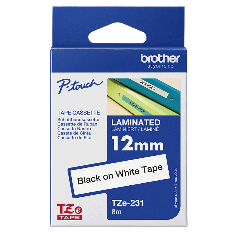 Cinta Brother TZe-231G Laminada 12mm Negro Sobre Blanco P-Touch
