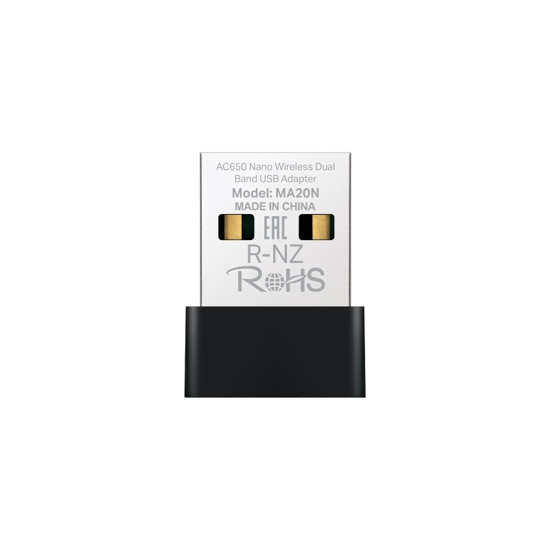 Mercusys MA20N, Inalámbrico, USB tipo A, WLAN, Wi-Fi 5 (802.11ac), 650 Mbit/s, Negro, Metálico