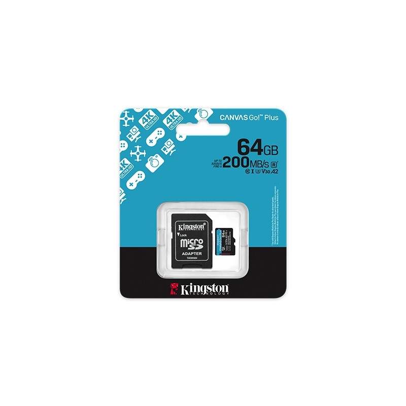 Memoria microSDXC Kingston 64GB Canvas Go! Plus Gen4 UHS-I U3 V30 A2 Con Adaptador SD