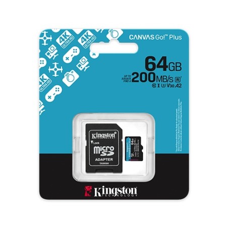Memoria microSDXC Kingston 64GB Canvas Go! Plus Gen4 UHS-I U3 V30 A2 Con Adaptador SD